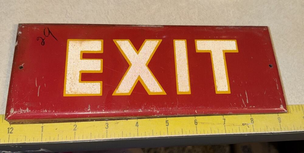 Vintage Exit Sign Red with Gold Yellow Lettering Metal 9 x 3.5 In Rounded Edges